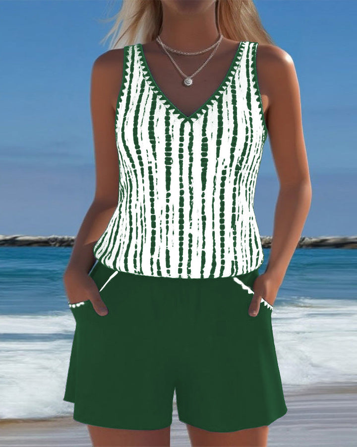 Mia | Casual Two Piece Printed V-Neck Swimsuit with Pockets